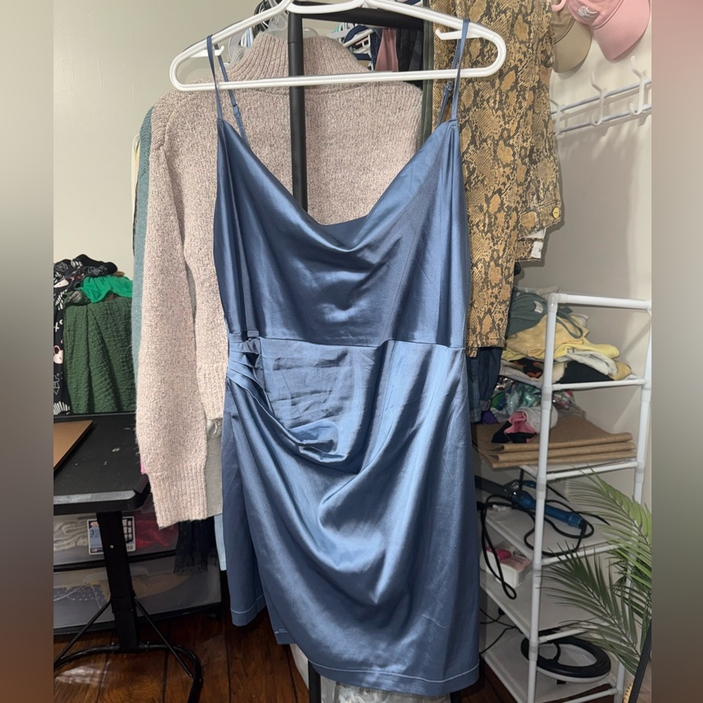 Satin Cowl Mini Dress in Dusty Blue